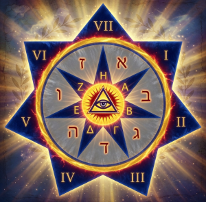 A radiant, glowing Key of David (Star of the Lord) — a luminous seven-pointed blue star encircled by a golden fiery ring. Roman numerals I–VII mark the outer points. Inside, Hebrew letters surround a central radiant Eye of Providence within a yellow triangle, set against a cosmic background of golden light rays, sparkling particles, and laurel branches. Symbolizing divine revelation and the power of the Word.