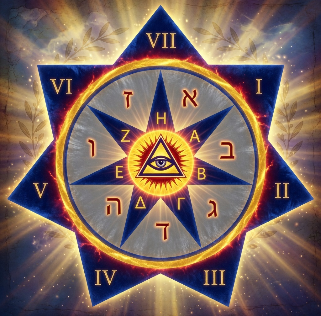 A radiant, glowing Key of David (Star of the Lord) — a luminous seven-pointed blue star encircled by a golden fiery ring. Roman numerals I–VII mark the outer points. Inside, Hebrew letters surround a central radiant Eye of Providence within a yellow triangle, set against a cosmic background of golden light rays, sparkling particles, and laurel branches. Symbolizing divine revelation and the power of the Word.