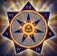 A radiant, glowing Key of David (Star of the Lord) — a luminous seven-pointed blue star encircled by a golden fiery ring. Roman numerals I–VII mark the outer points. Inside, Hebrew letters surround a central radiant Eye of Providence within a yellow triangle, set against a cosmic background of golden light rays, sparkling particles, and laurel branches. Symbolizing divine revelation and the power of the Word.
